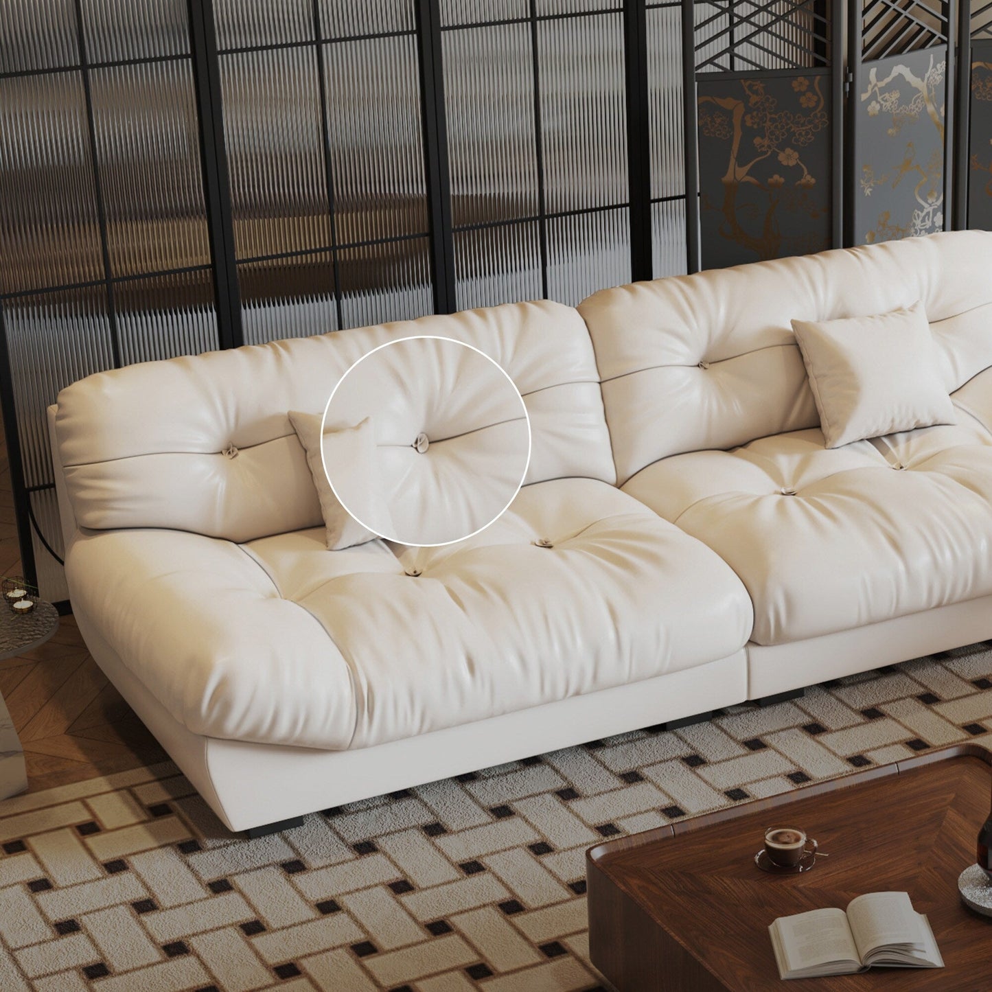 Canapé 3 places en cuir et plumes style milieu de siècle 102,4 - 110,2 x 31,9