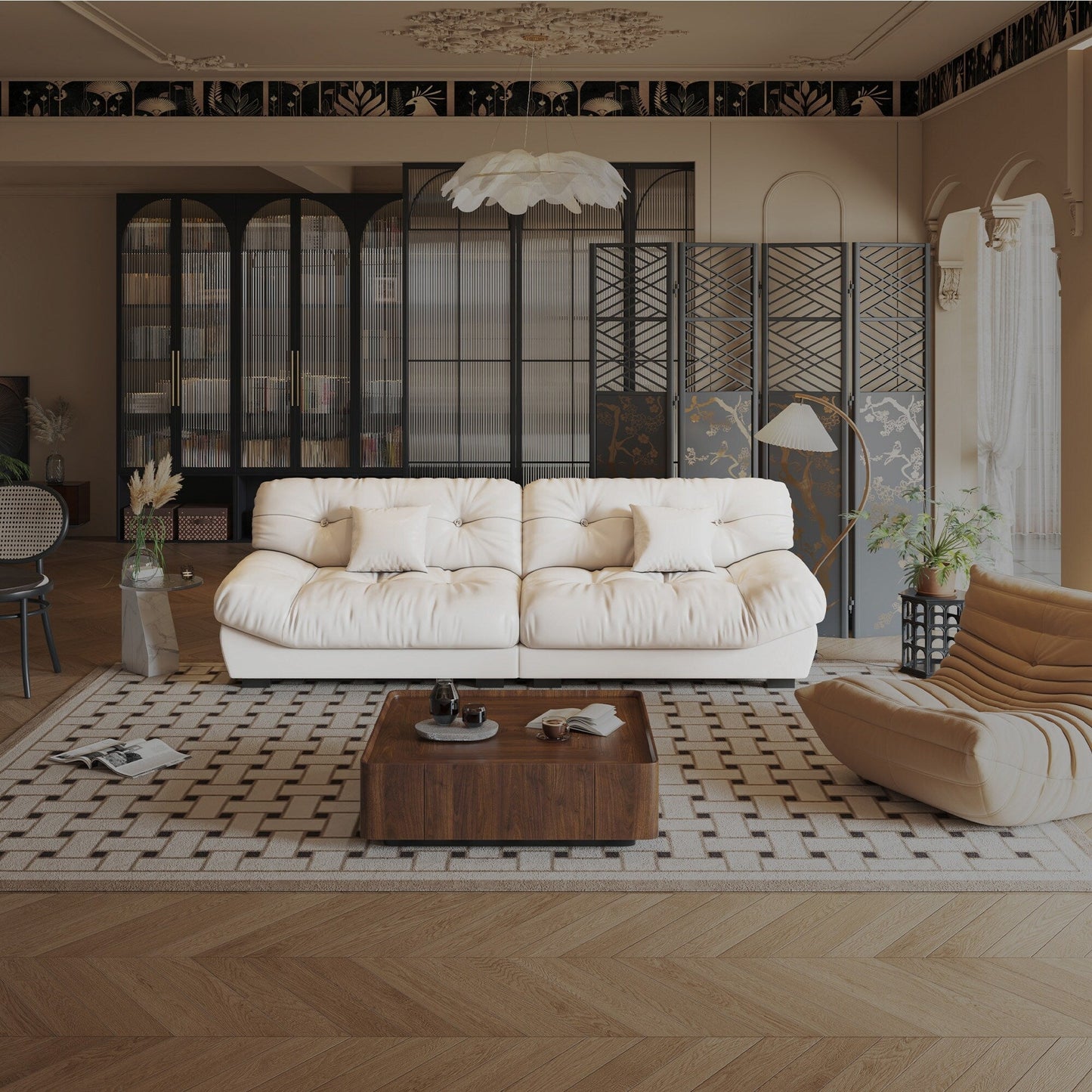 Canapé 3 places en cuir et plumes style milieu de siècle 102,4 - 110,2 x 31,9