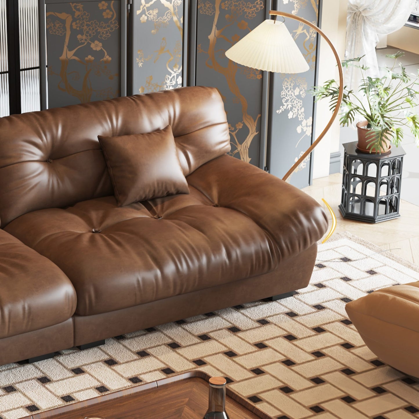 Canapé 3 places en cuir et plumes style milieu de siècle 102,4 - 110,2 x 31,9