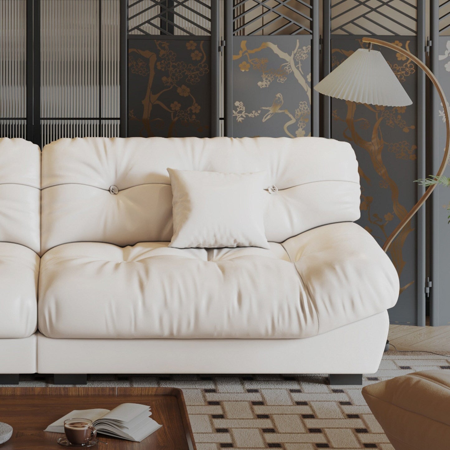 Canapé 3 places en cuir et plumes style milieu de siècle 102,4 - 110,2 x 31,9