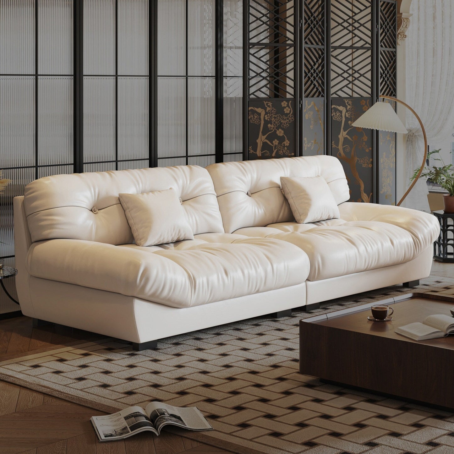 Canapé 3 places en cuir et plumes style milieu de siècle 102,4 - 110,2 x 31,9