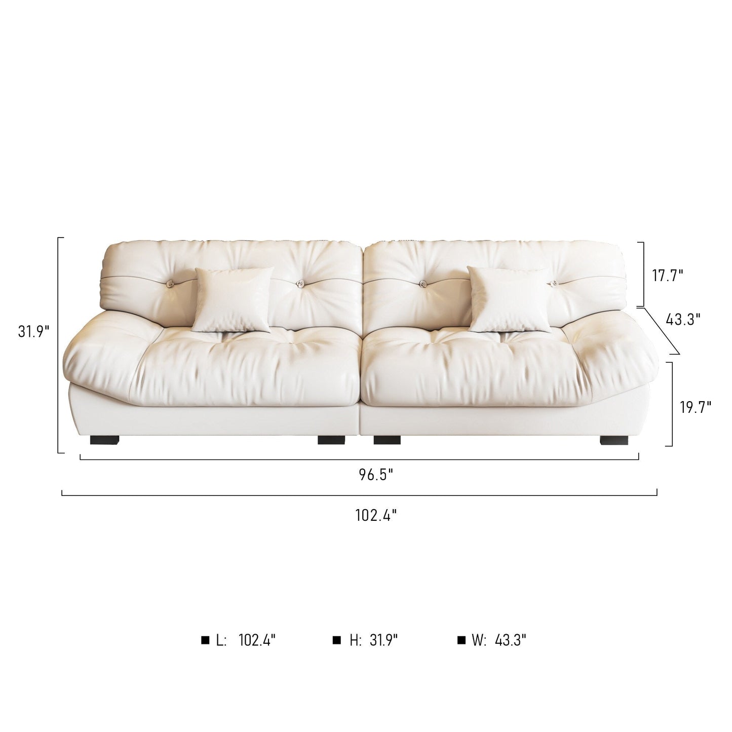 Canapé 3 places en cuir et plumes style milieu de siècle 102,4 - 110,2 x 31,9