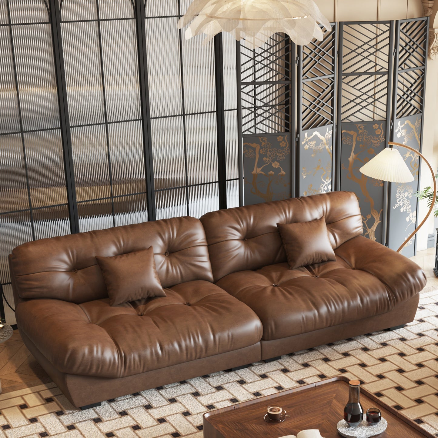 Canapé 3 places en cuir et plumes style milieu de siècle 102,4 - 110,2 x 31,9