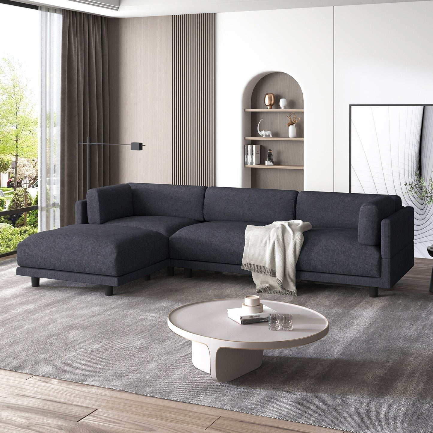 Canapé sectionnel en polyester en forme de L de 102,4 po avec pouf réversible, coussins moelleux et base en plastique robuste