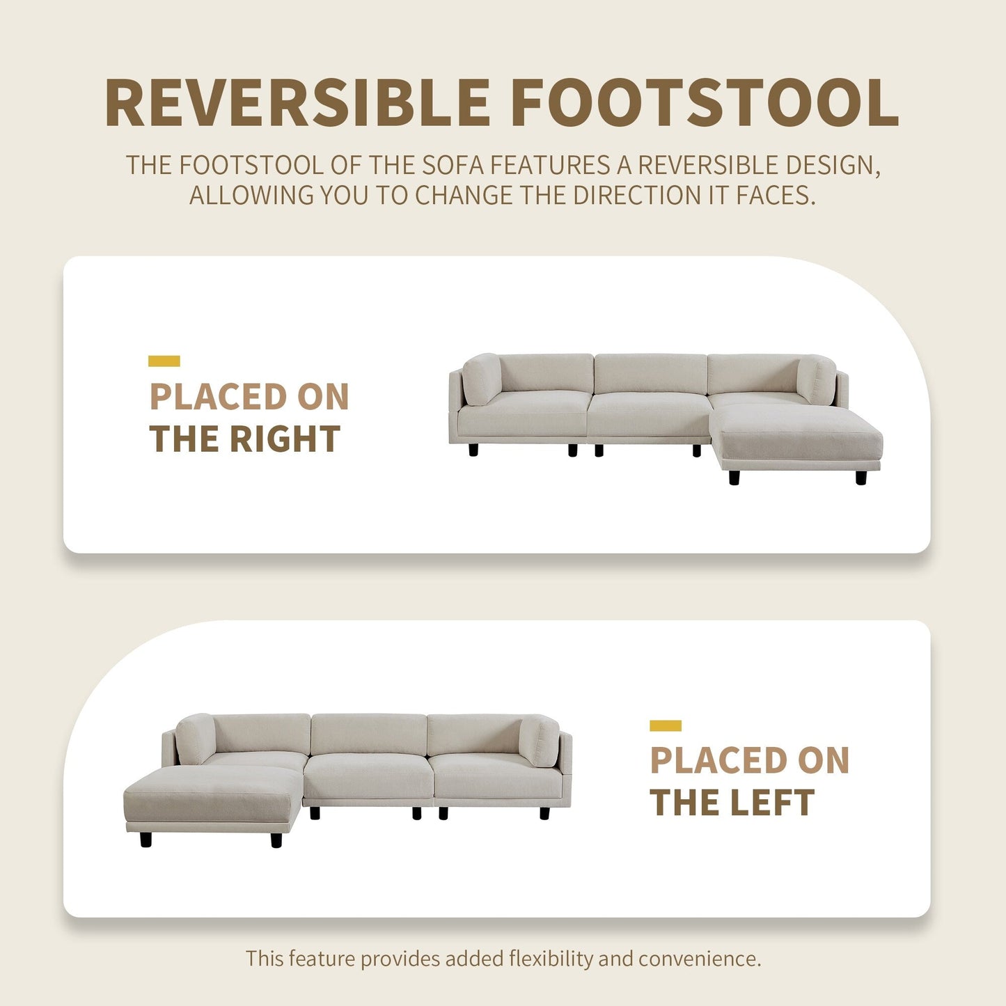 Canapé sectionnel en polyester en forme de L de 102,4 po avec pouf réversible, coussins moelleux et base en plastique robuste