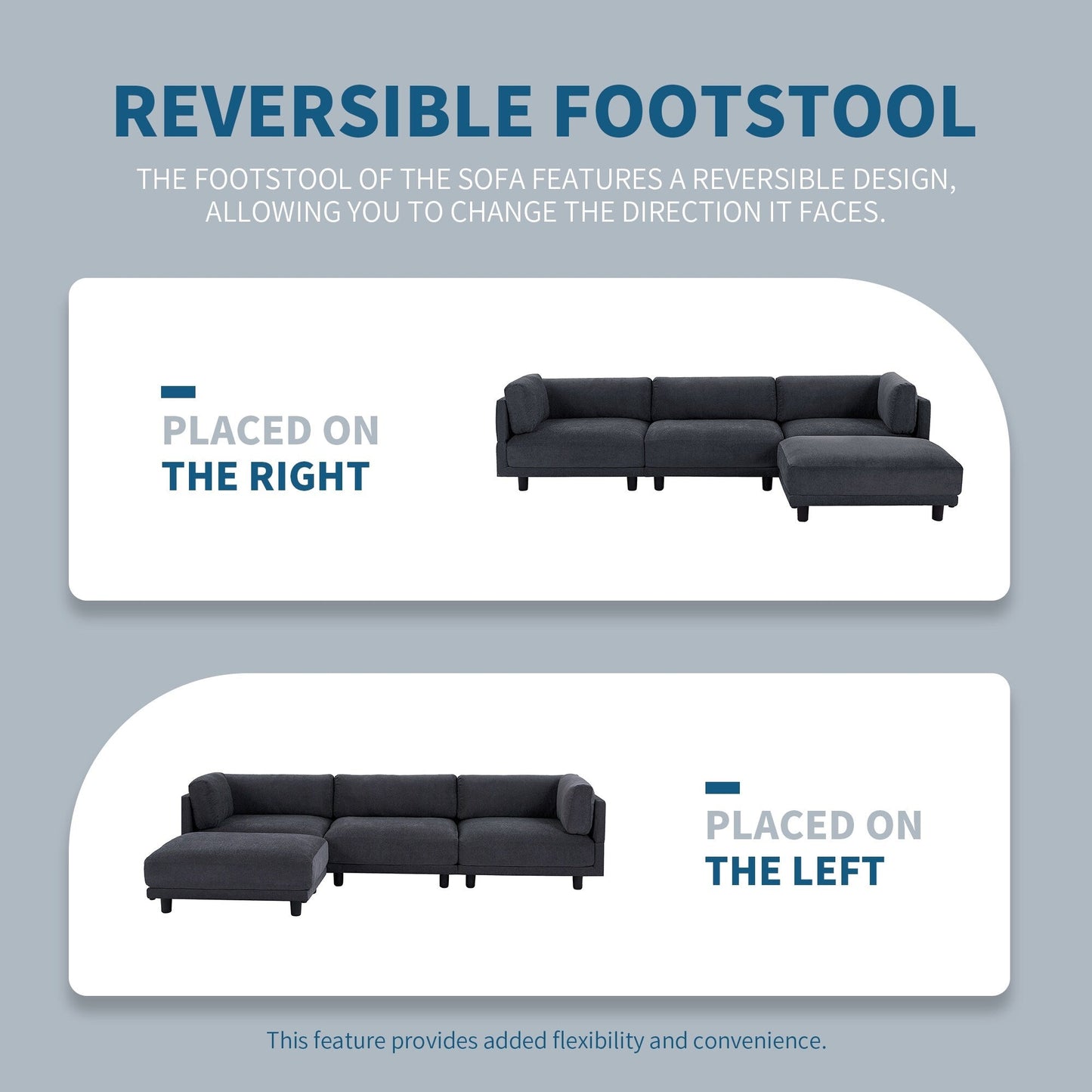 Canapé sectionnel en polyester en forme de L de 102,4 po avec pouf réversible, coussins moelleux et base en plastique robuste