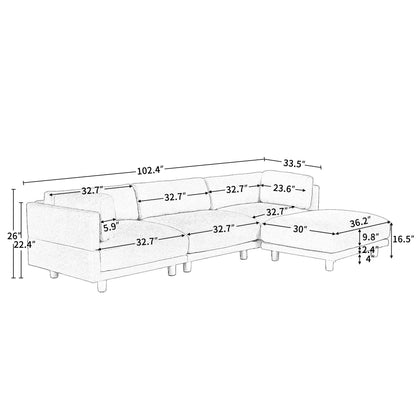 Canapé sectionnel en polyester en forme de L de 102,4 po avec pouf réversible, coussins moelleux et base en plastique robuste