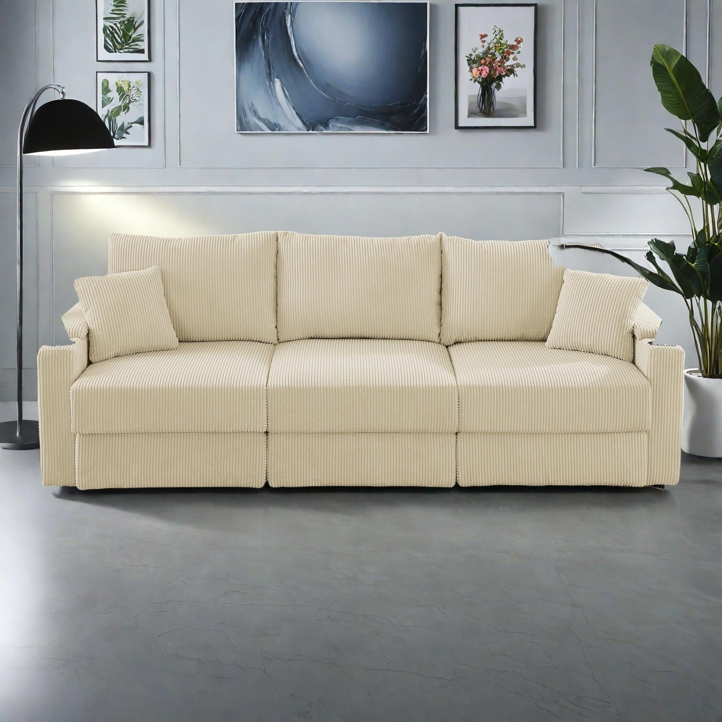 Canapé 3 places moderne en velours côtelé 102, siège profond avec porte-gobelets et support pour téléphone