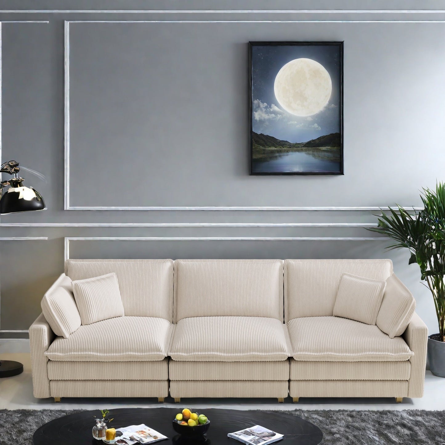 Canapé 4 places classique moderne en velours côtelé 103 - Assise profonde, avec 4 coussins pour le salon