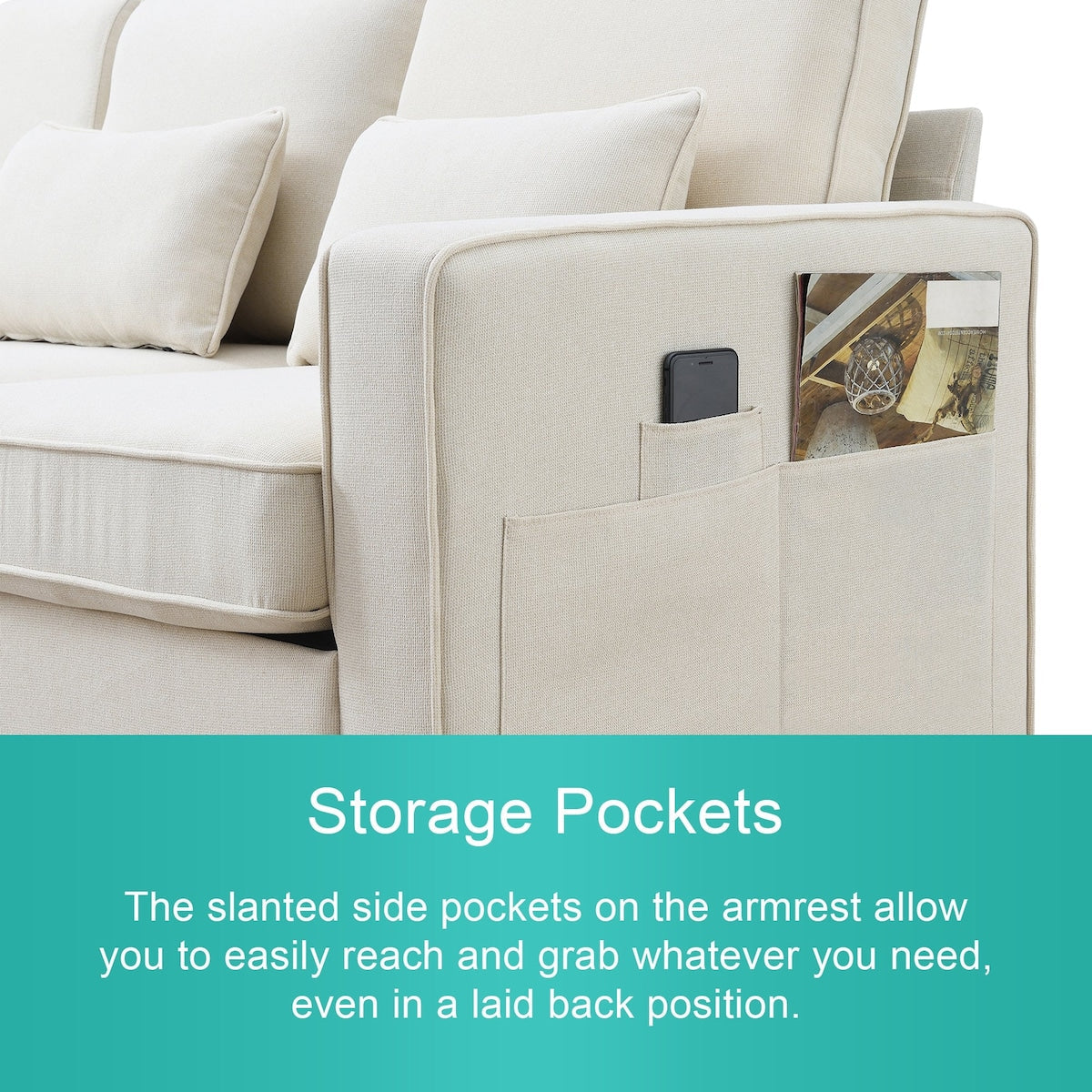 Canapé 4 places en lin moderne avec accoudoirs, poches et 4 coussins