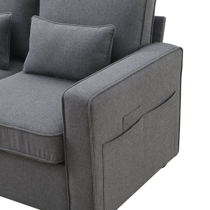 Canapé 4 places en lin moderne avec accoudoirs, poches et 4 coussins