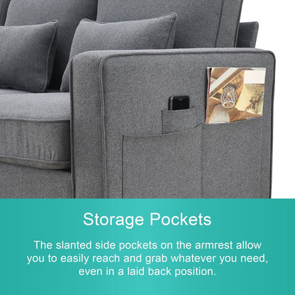 Canapé 4 places en lin moderne avec accoudoirs, poches et 4 coussins