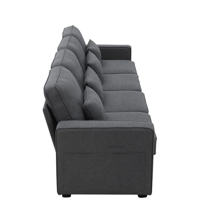 Canapé rembourré 4 places avec poches pour accoudoirs et 4 coussins, canapé moderne en lin de style minimaliste