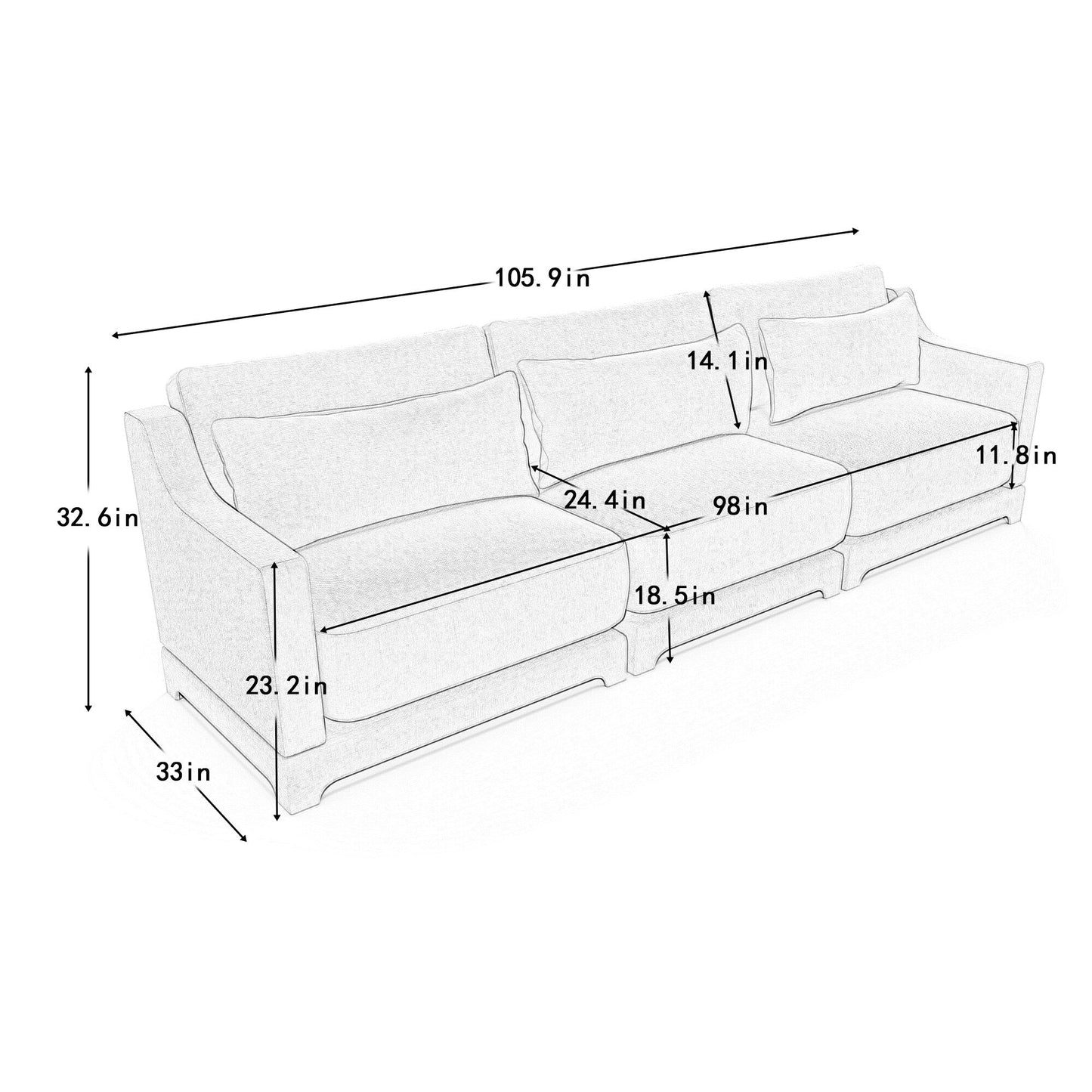 Canapé 4 places en chenille 105,9 avec base ergonomique en bois et éponge haute résilience pour le salon