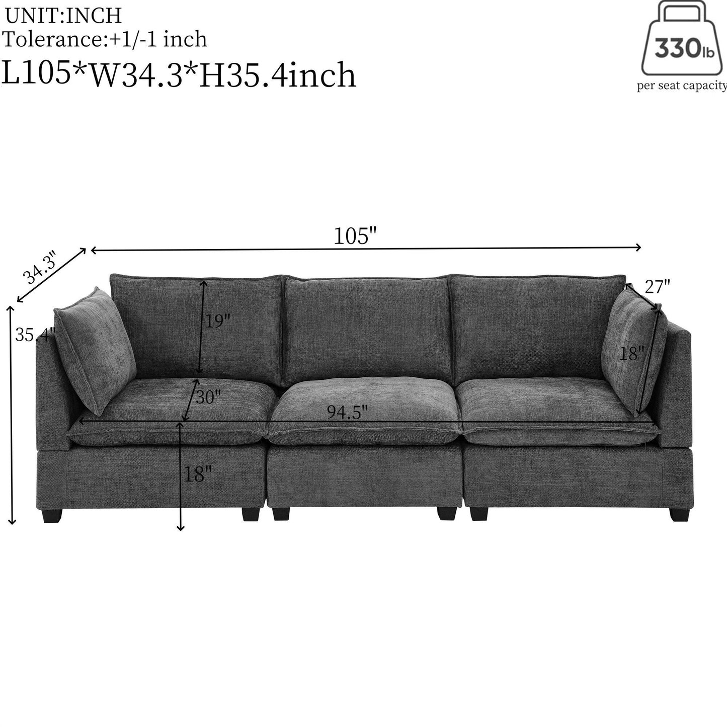 Canapé 3 places en chenille 105 avec coussins à 2 couches, mousse haute résilience