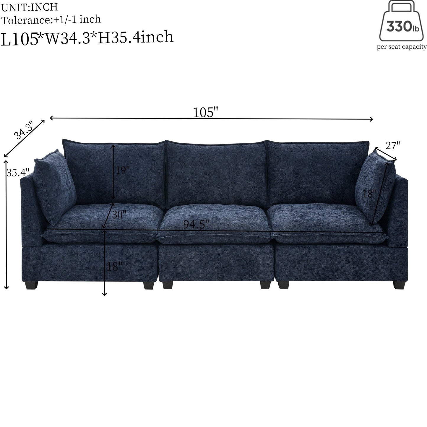 Canapé 3 places en chenille 105 avec coussins à 2 couches, mousse haute résilience