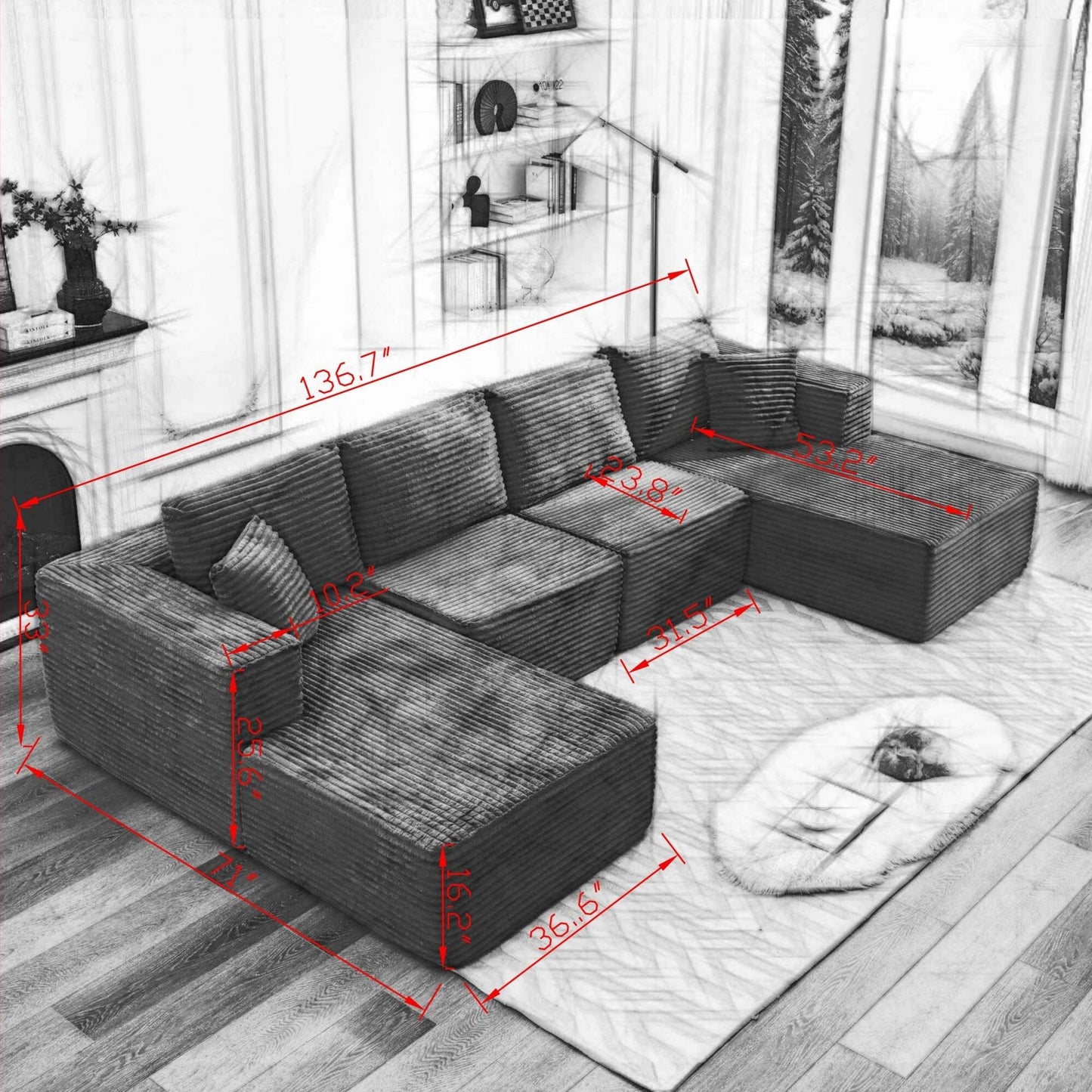 Canapé sectionnel Cloud 106, double chaise longue, canapé modulaire moderne à assise profonde pour salon, aucun assemblage requis