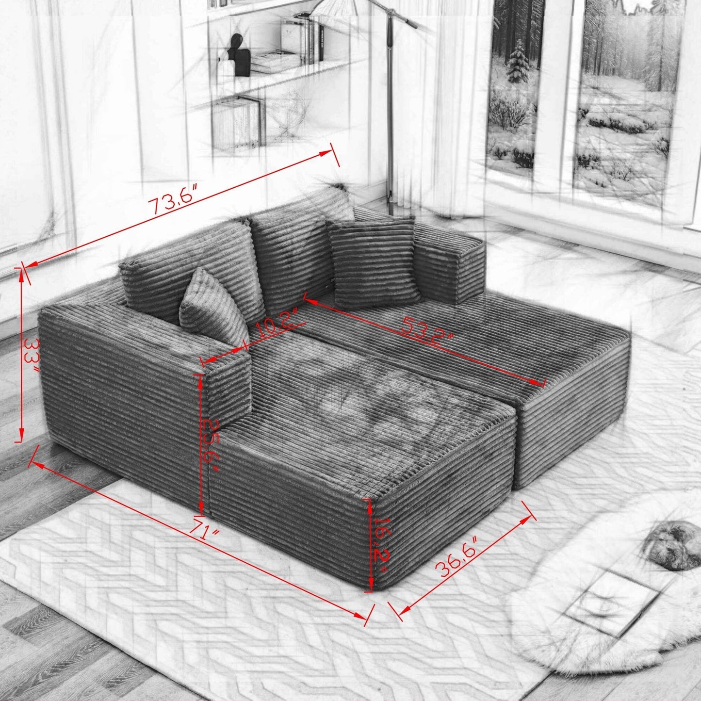 Canapé sectionnel Cloud 106, double chaise longue, canapé modulaire moderne à assise profonde pour salon, aucun assemblage requis