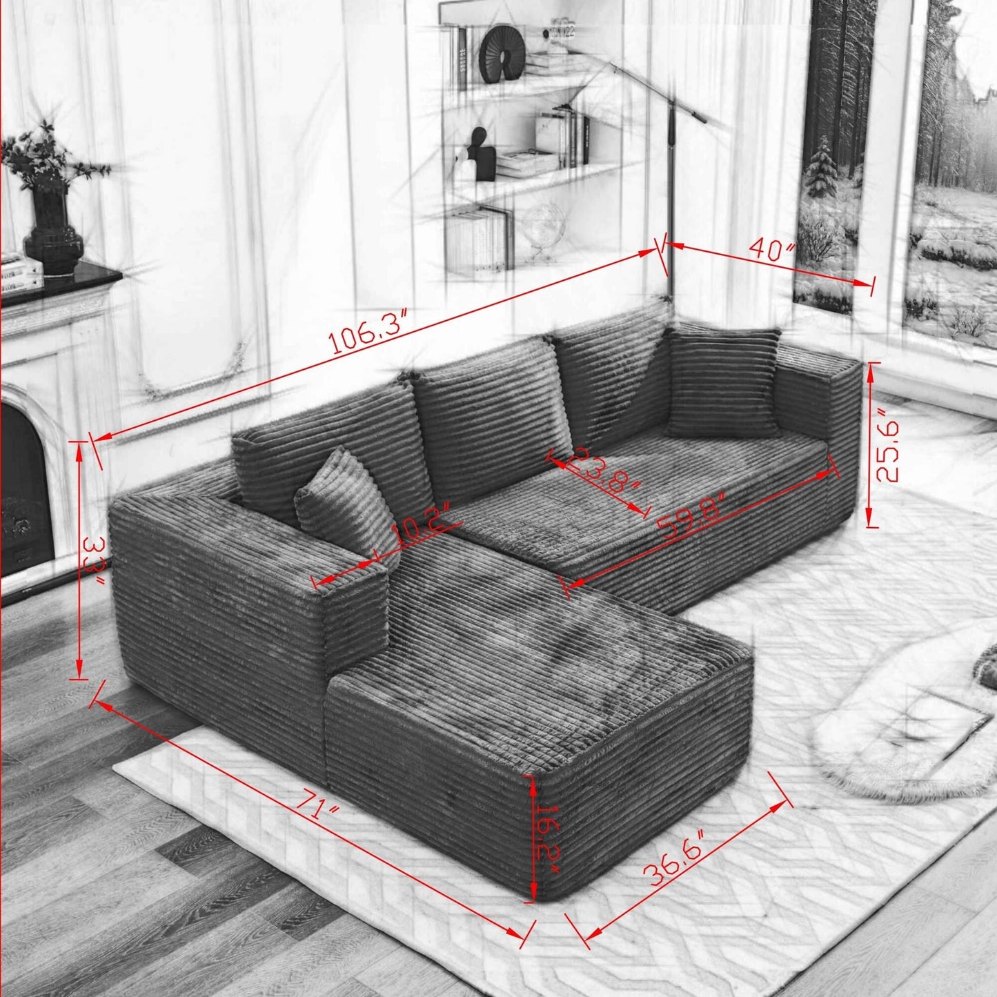 Canapé sectionnel Cloud 106 en L avec méridienne orientée vers la gauche, canapé modulaire moderne à assise profonde pour salon, aucun assemblage requis