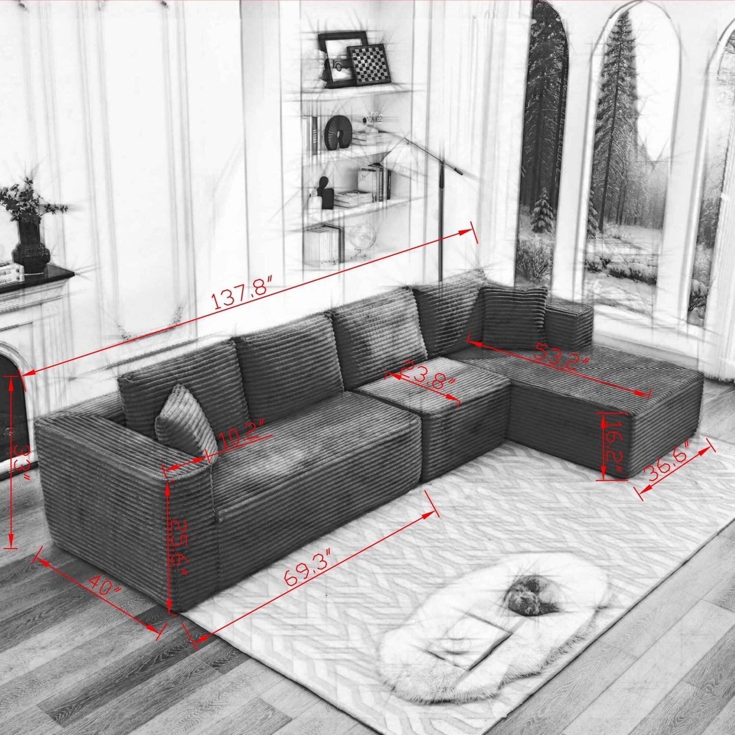 Canapé sectionnel Cloud 106 en L avec méridienne orientée vers la droite, canapé modulaire moderne à assise profonde pour salon, aucun assemblage requis
