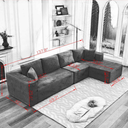 Canapé sectionnel Cloud 106 en L avec méridienne orientée vers la droite, canapé modulaire moderne à assise profonde pour salon, aucun assemblage requis