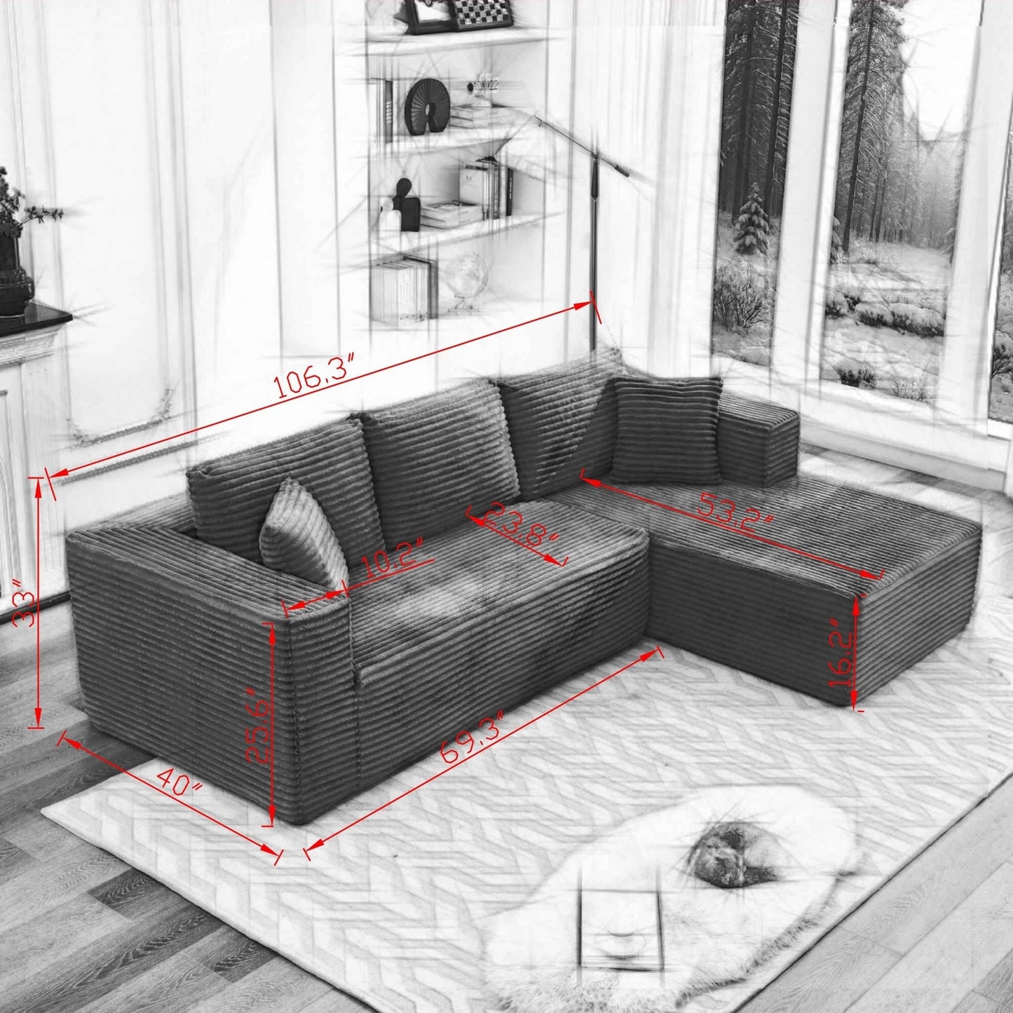 Canapé sectionnel Cloud 106 en L avec méridienne orientée vers la droite, canapé modulaire moderne à assise profonde pour salon, aucun assemblage requis