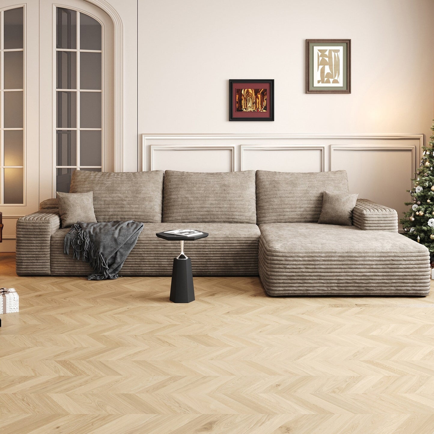 Canapé sectionnel modulaire en velours côtelé de 107 pouces avec méridienne et assise profonde pour salon et chambre à coucher