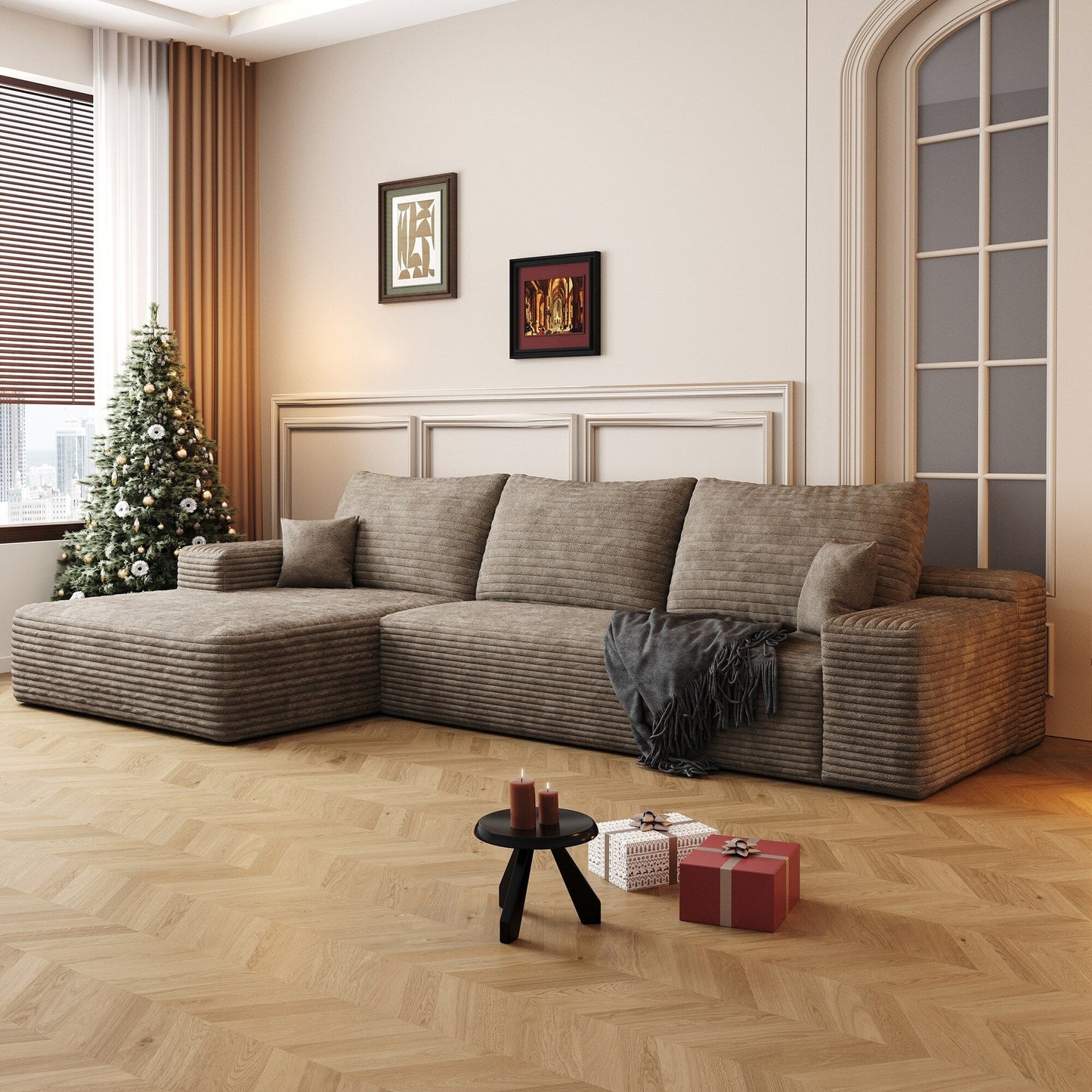 Canapé sectionnel modulaire en velours côtelé de 107 pouces avec méridienne et assise profonde pour salon et chambre à coucher