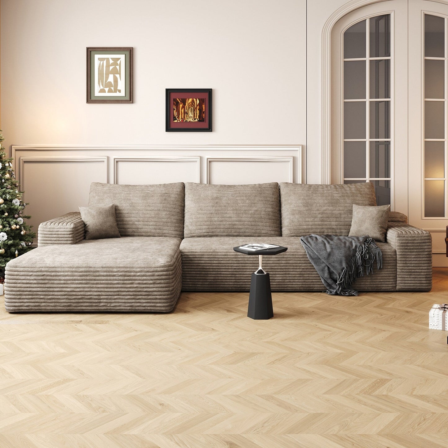 Canapé sectionnel modulaire en velours côtelé de 107 pouces avec méridienne et assise profonde pour salon et chambre à coucher