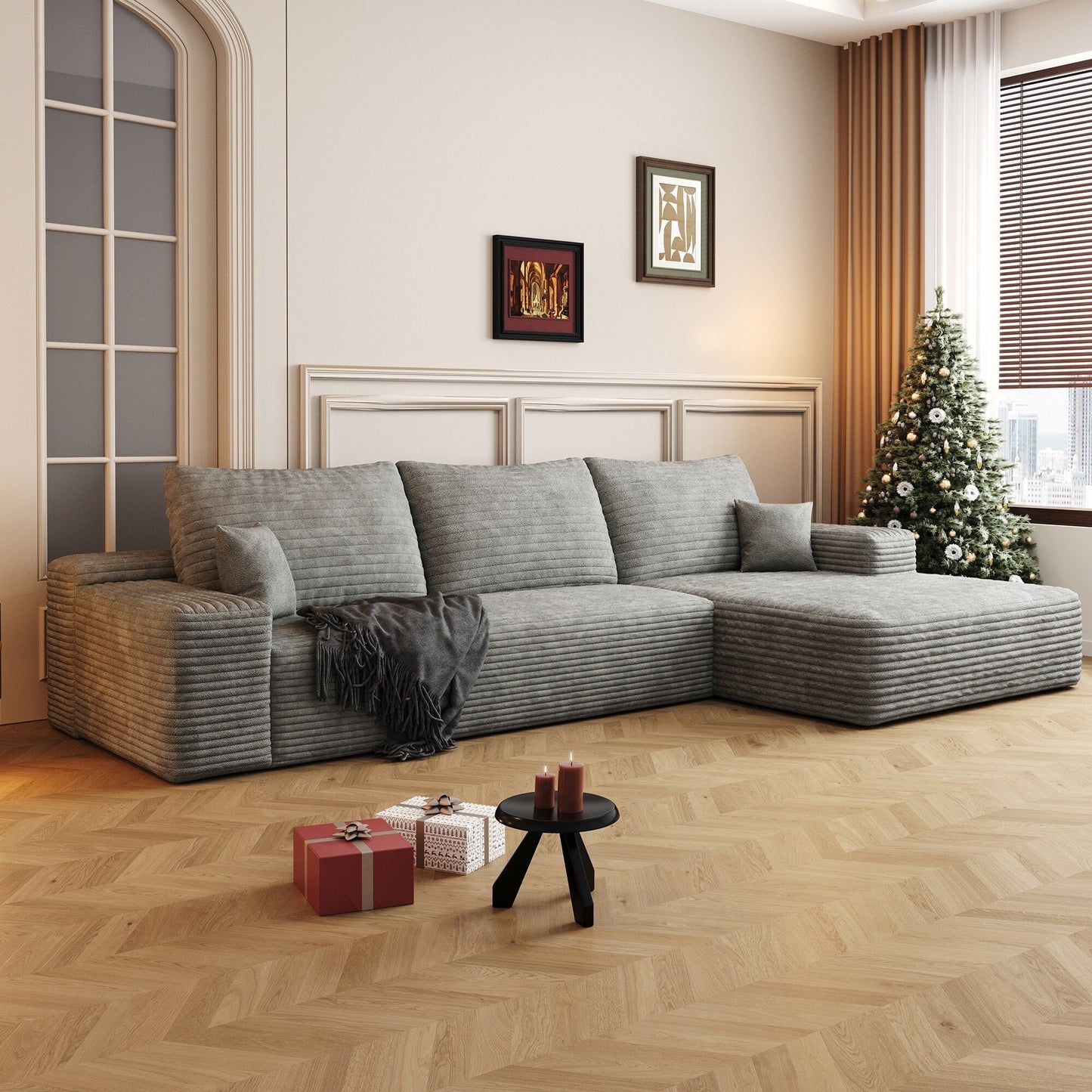 Canapé sectionnel modulaire en velours côtelé de 107 pouces avec méridienne et assise profonde pour salon et chambre à coucher