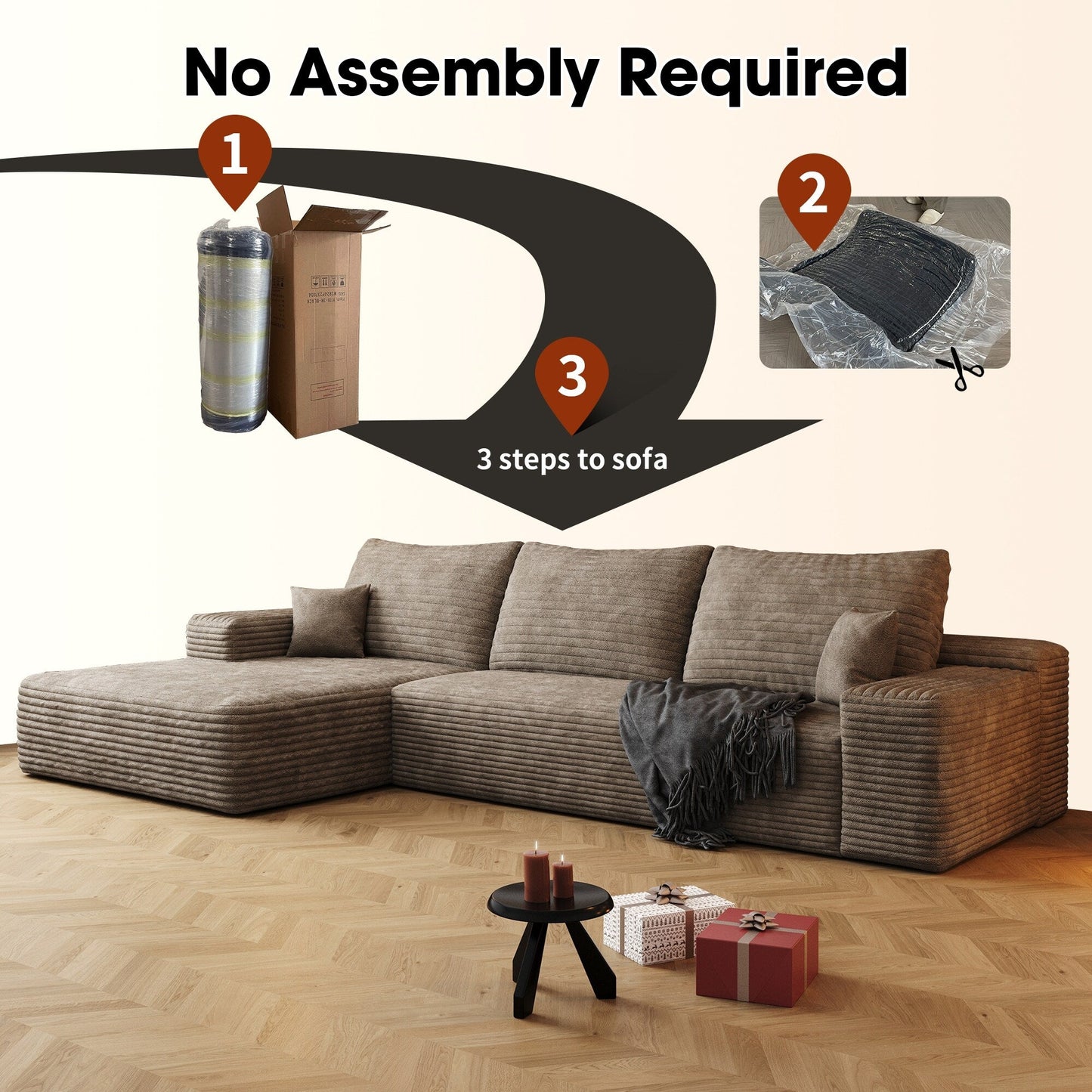 Canapé sectionnel modulaire en velours côtelé de 107 pouces avec méridienne et assise profonde pour salon et chambre à coucher