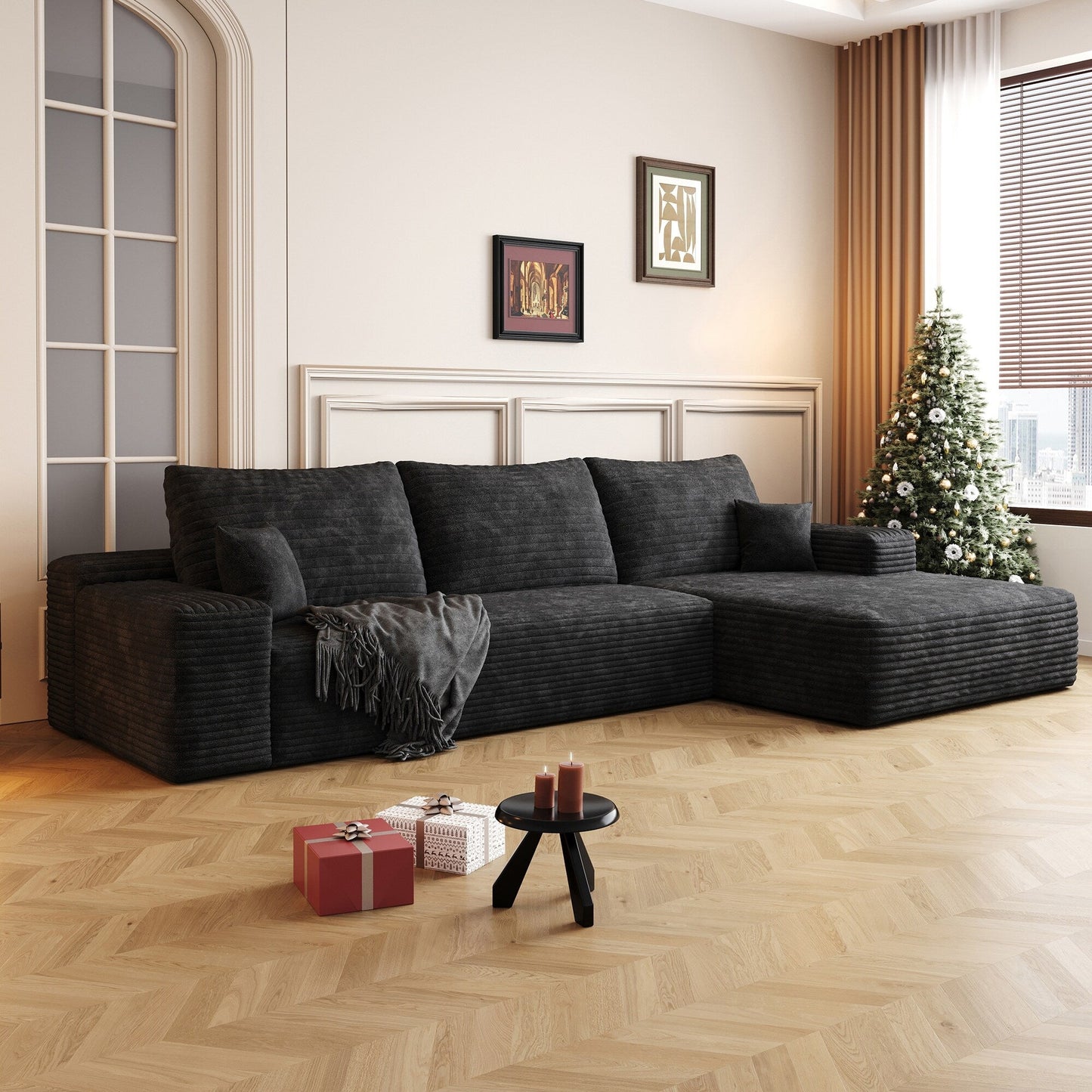 Canapé sectionnel modulaire en velours côtelé de 107 pouces avec méridienne et assise profonde pour salon et chambre à coucher