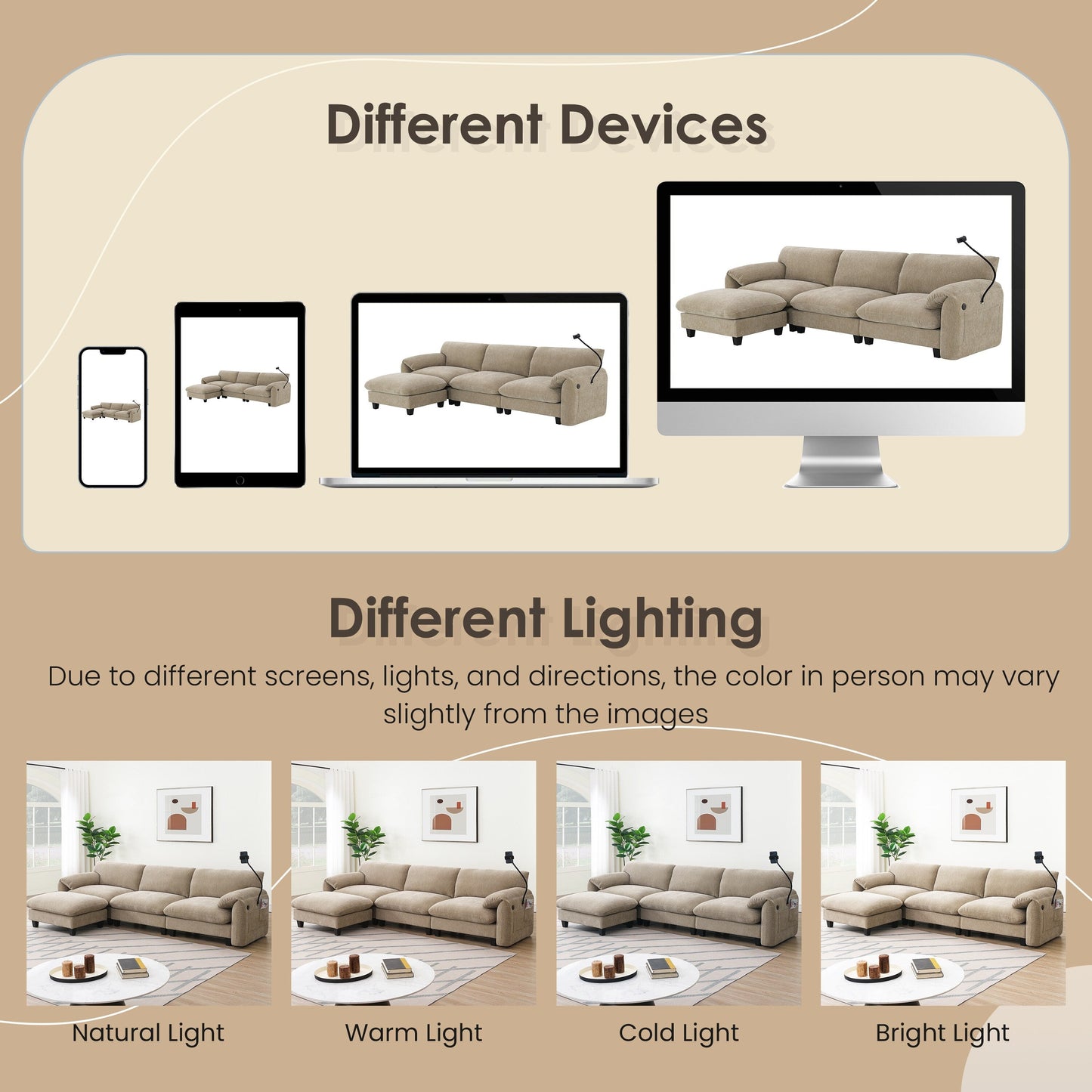 Canapé sectionnel modulaire en chenille de 108 pouces avec ports USB et Type-C, supports de téléphone, poches de rangement latérales et pouf amovible