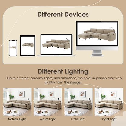 Canapé sectionnel modulaire en chenille de 108 pouces avec ports USB et Type-C, supports de téléphone, poches de rangement latérales et pouf amovible