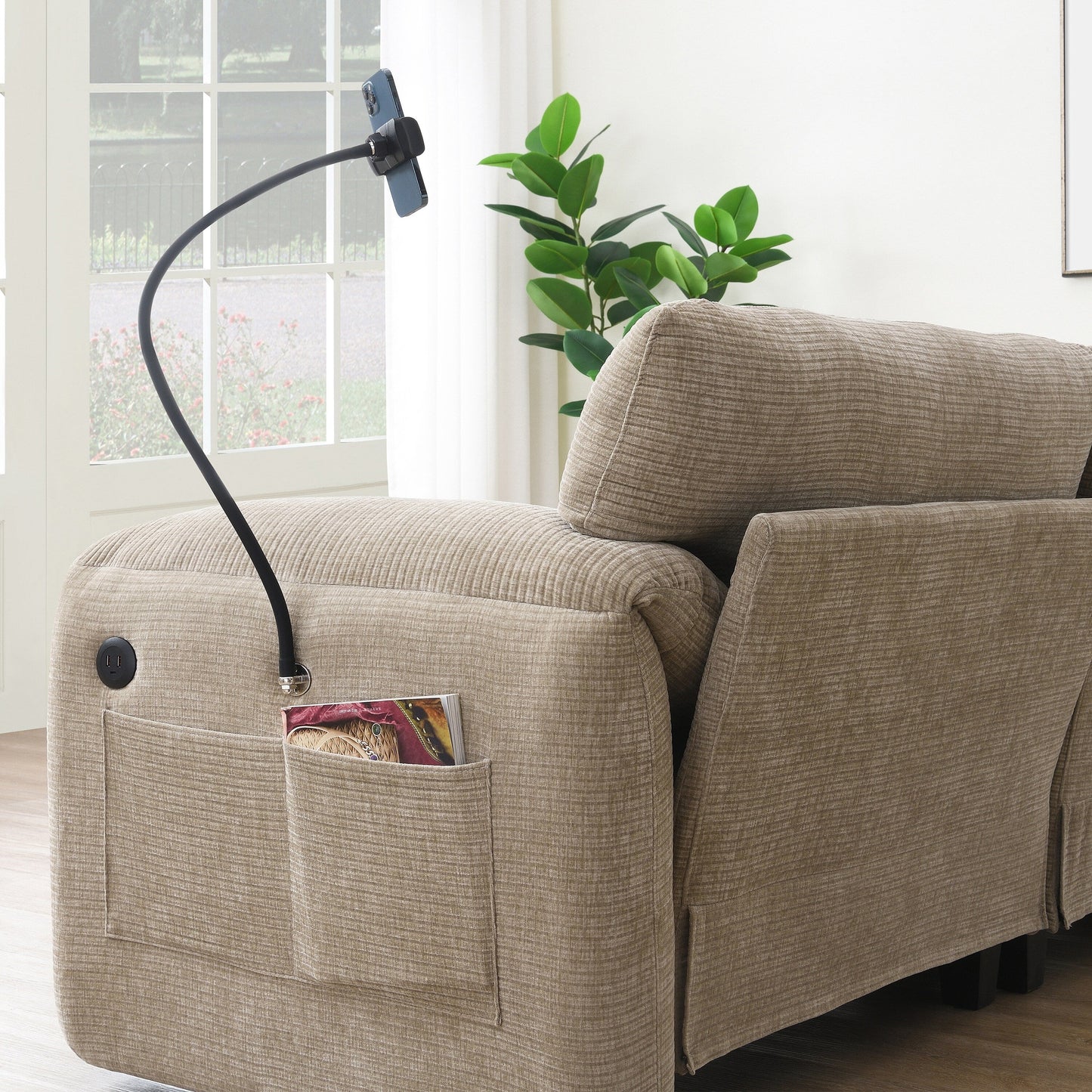 Canapé sectionnel modulaire en chenille de 108 pouces avec ports USB et Type-C, supports de téléphone, poches de rangement latérales et pouf amovible