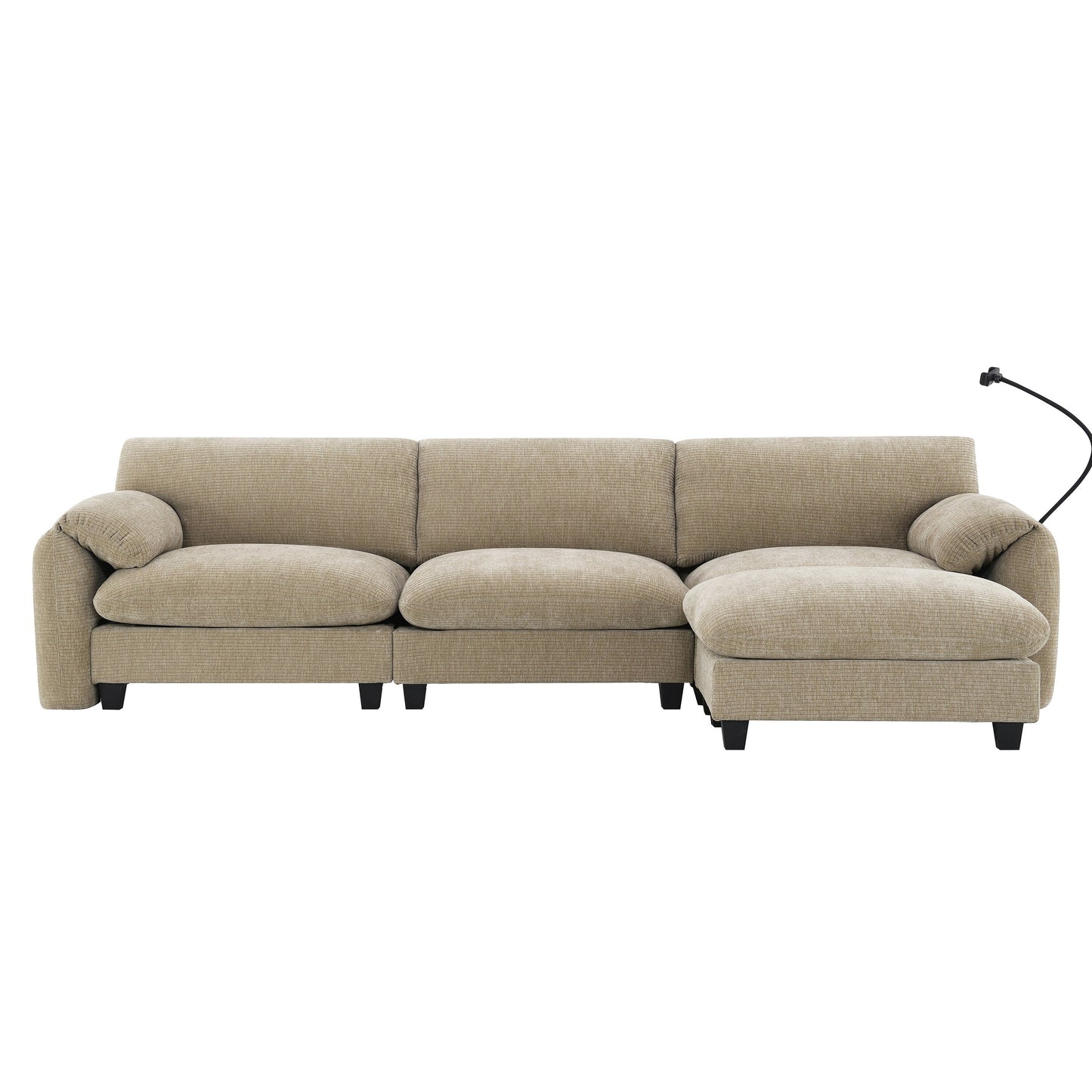 Canapé sectionnel modulaire en chenille de 108 pouces avec ports USB et Type-C, supports de téléphone, poches de rangement latérales et pouf amovible