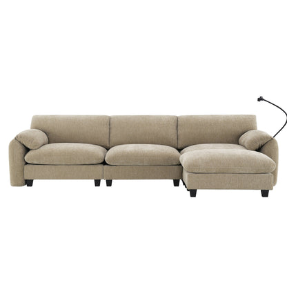 Canapé sectionnel modulaire en chenille de 108 pouces avec ports USB et Type-C, supports de téléphone, poches de rangement latérales et pouf amovible