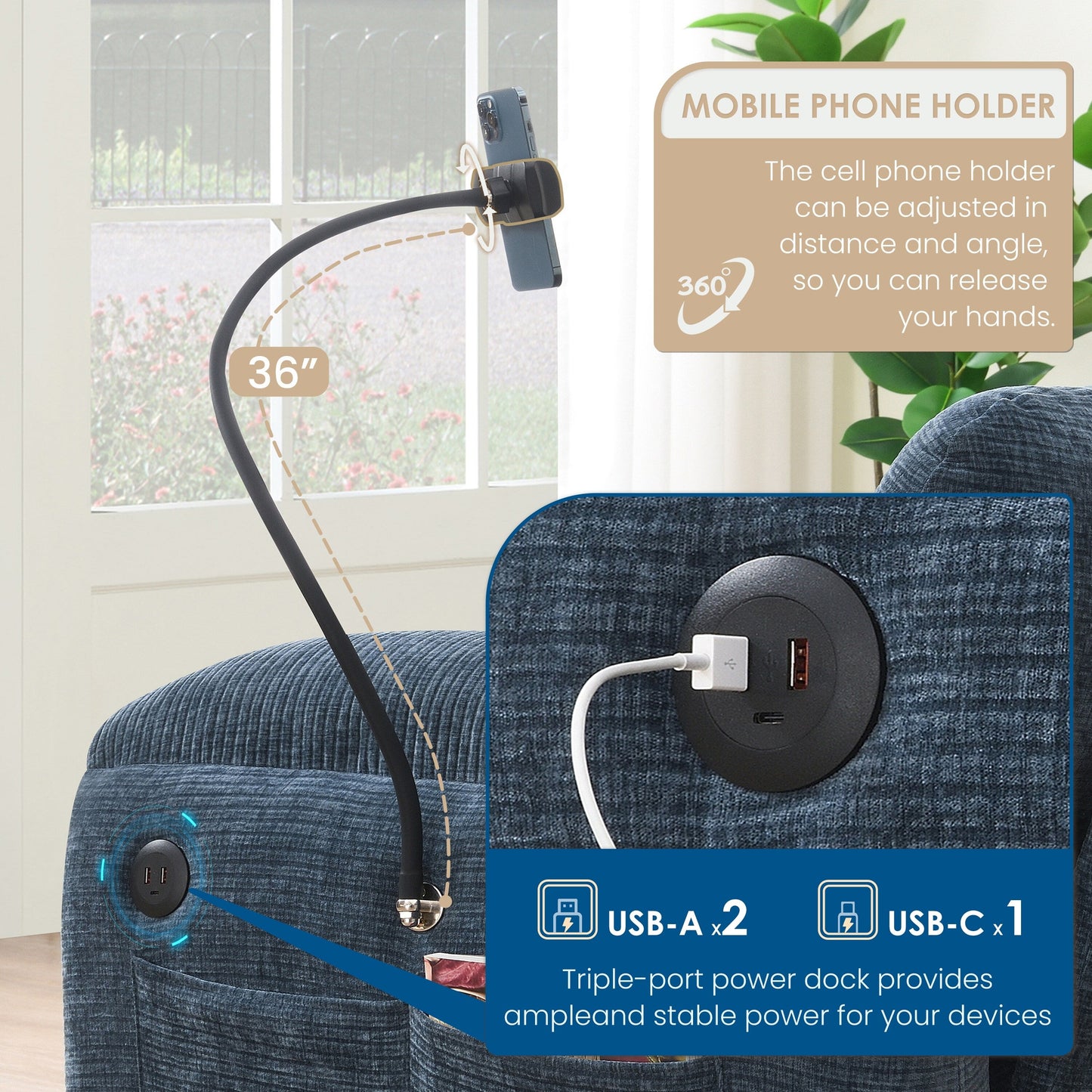 Canapé sectionnel modulaire en chenille de 108 pouces avec ports USB et Type-C, supports de téléphone, poches de rangement latérales et pouf amovible
