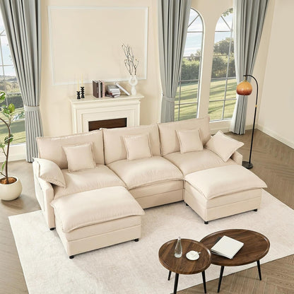 Canapé modulaire sectionnel en L 108 - Canapé Cloud 3 places avec pouf amovible et assise profonde, tissu en lin beige