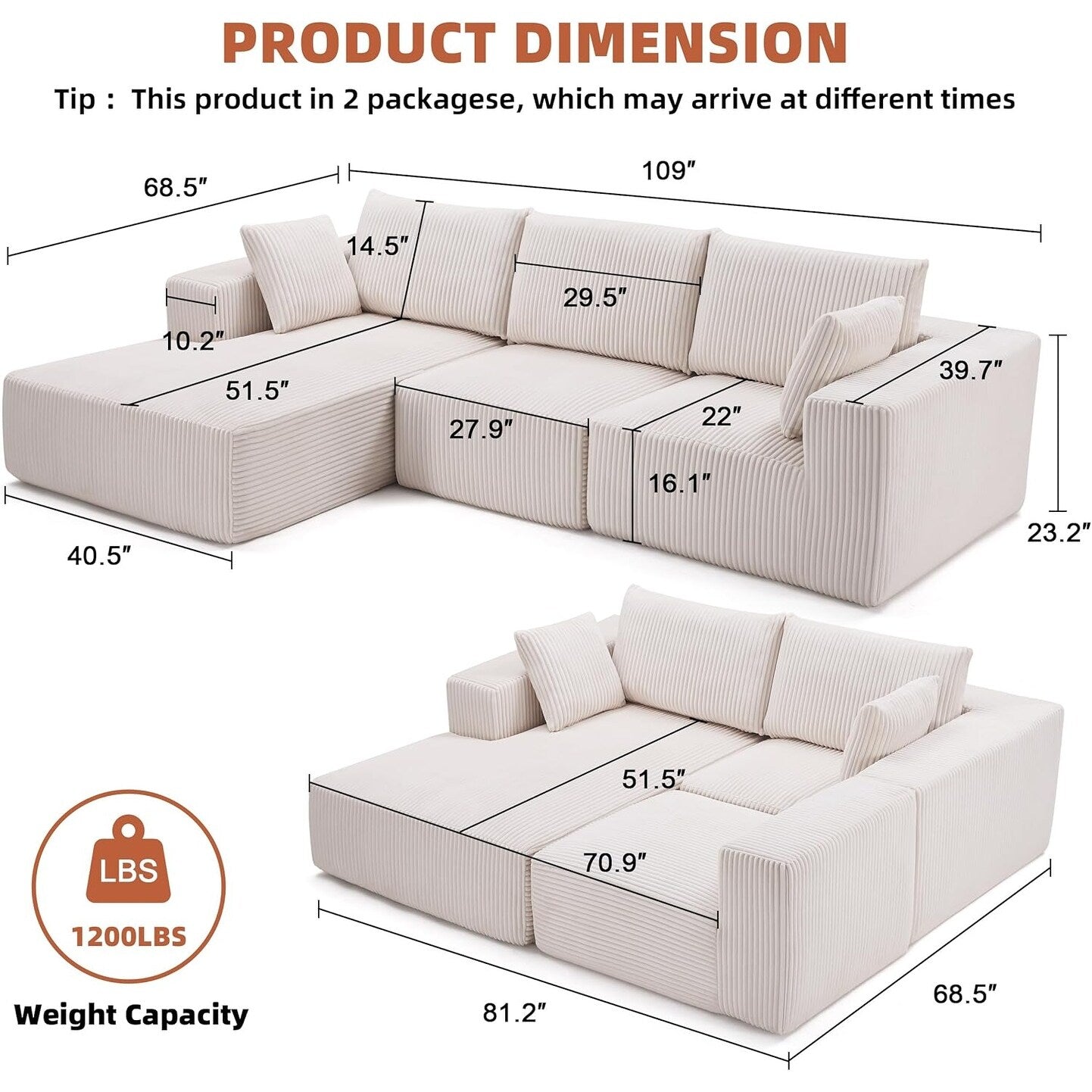 Canapé modulaire Cloud 108 - Canapé en L à assise profonde avec méridienne, canapé de salon et de chambre rembourré