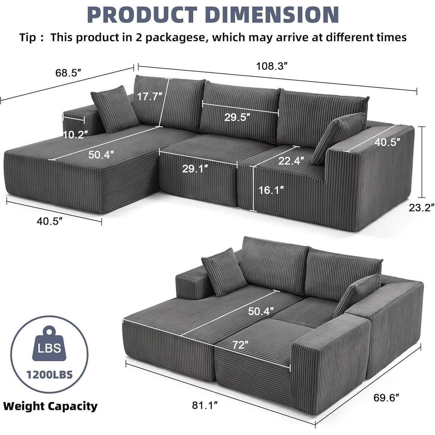 Canapé modulaire Cloud 108 - Canapé en L à assise profonde avec méridienne, canapé de salon et de chambre rembourré