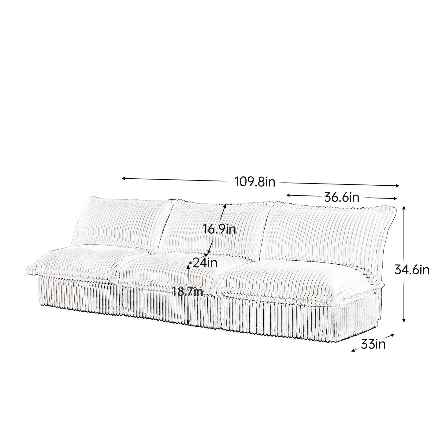 Canapé 3 places sans accoudoirs en velours côtelé 109,8 pour salon et chambre