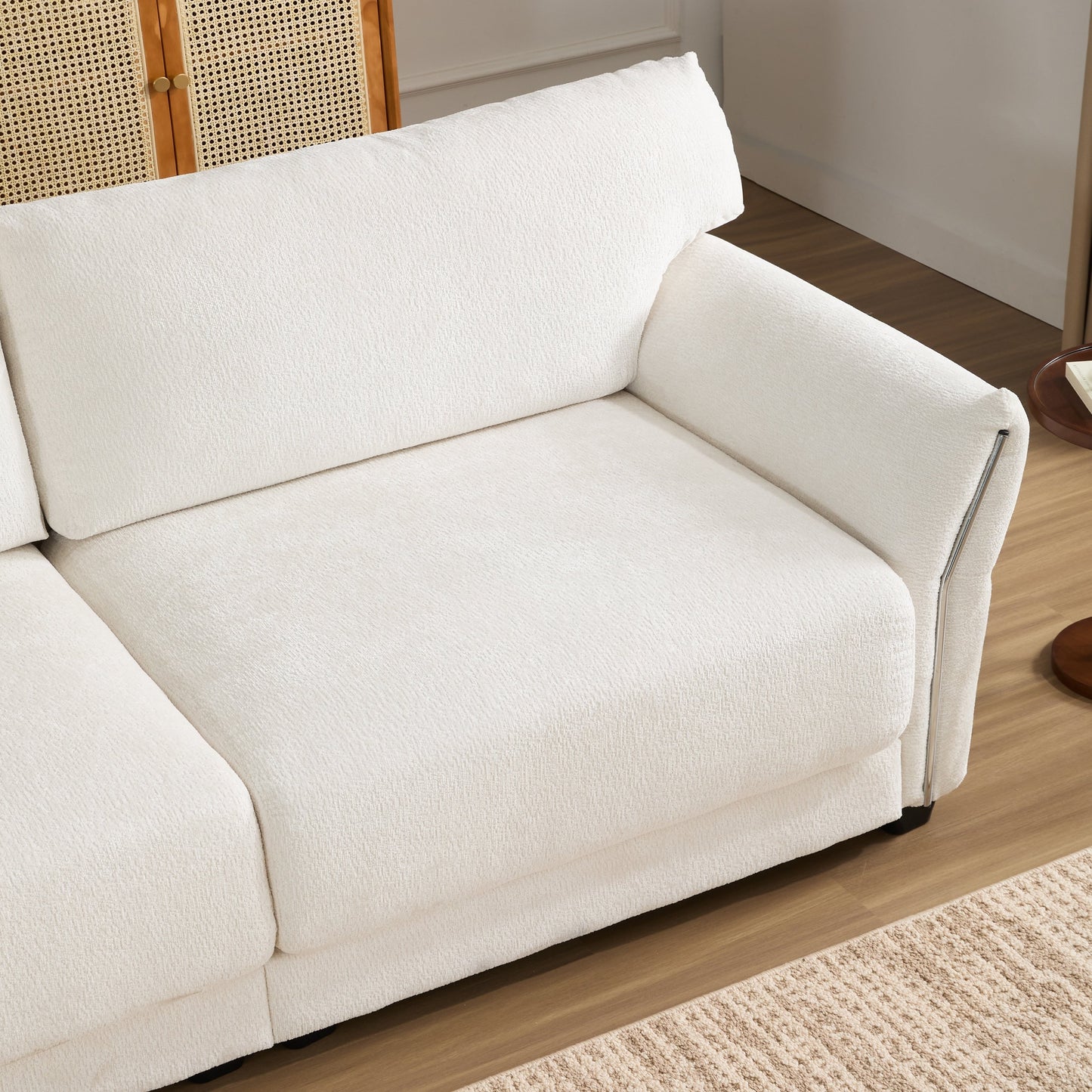 Canapé sectionnel en chenille de 110 pouces en forme de L avec chargement USB et Type-C, accoudoirs en pétales et pouf amovible pour le salon