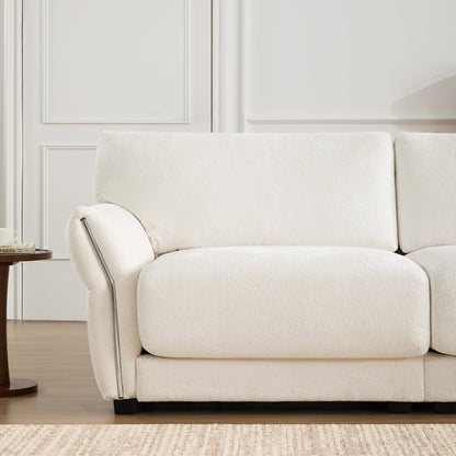 Canapé sectionnel en chenille de 110 pouces en forme de L avec chargement USB et Type-C, accoudoirs en pétales et pouf amovible pour le salon