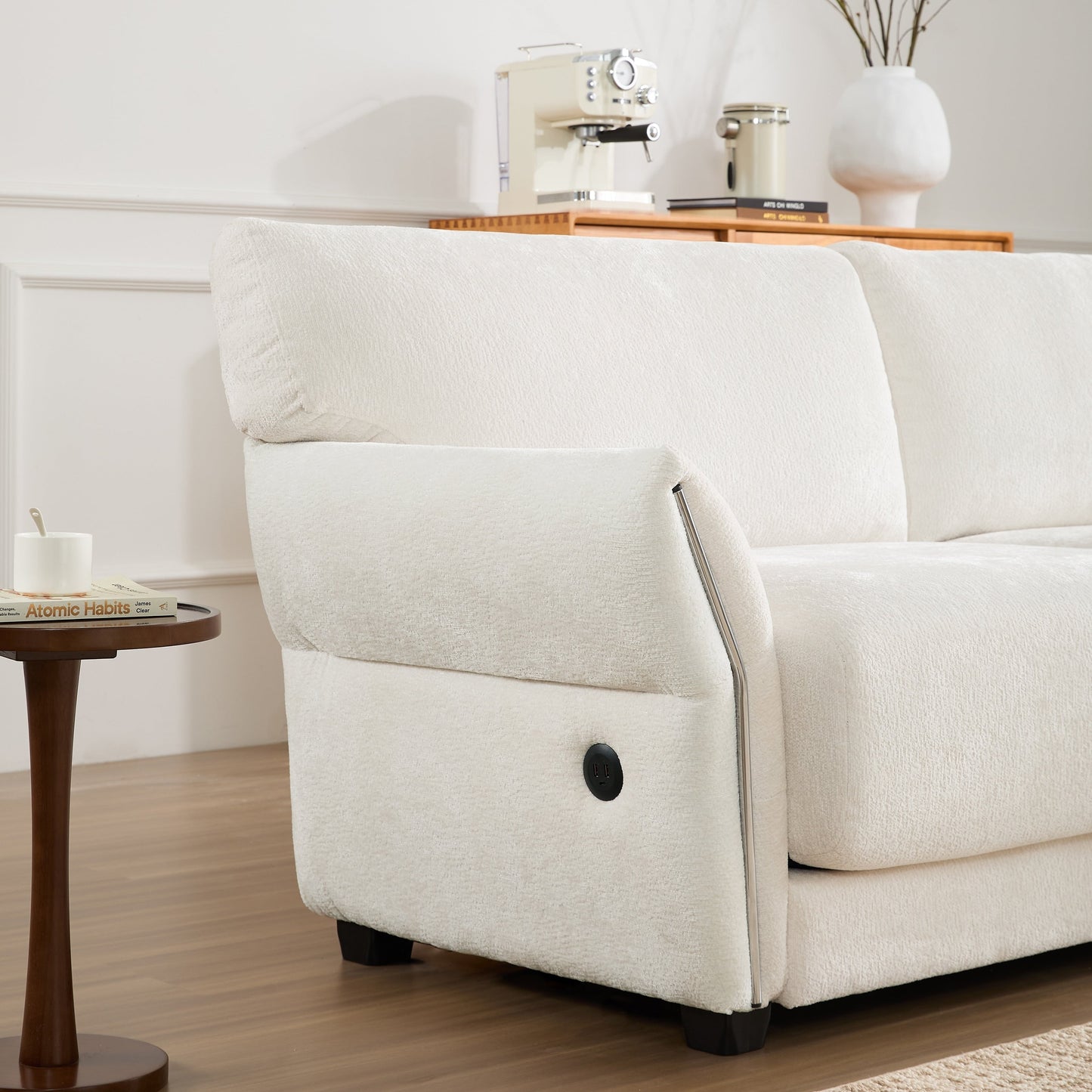 Canapé sectionnel en chenille de 110 pouces en forme de L avec chargement USB et Type-C, accoudoirs en pétales et pouf amovible pour le salon