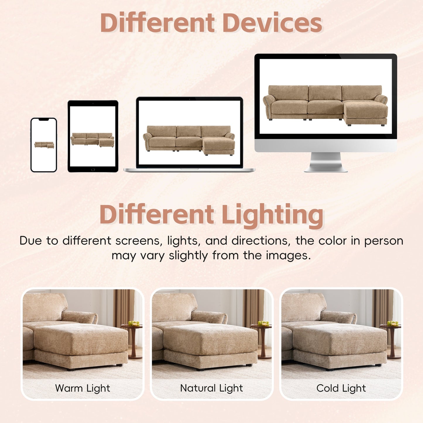 Canapé sectionnel en chenille de 110 pouces en forme de L avec chargement USB et Type-C, accoudoirs en pétales et pouf amovible pour le salon