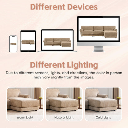Canapé sectionnel en chenille de 110 pouces en forme de L avec chargement USB et Type-C, accoudoirs en pétales et pouf amovible pour le salon