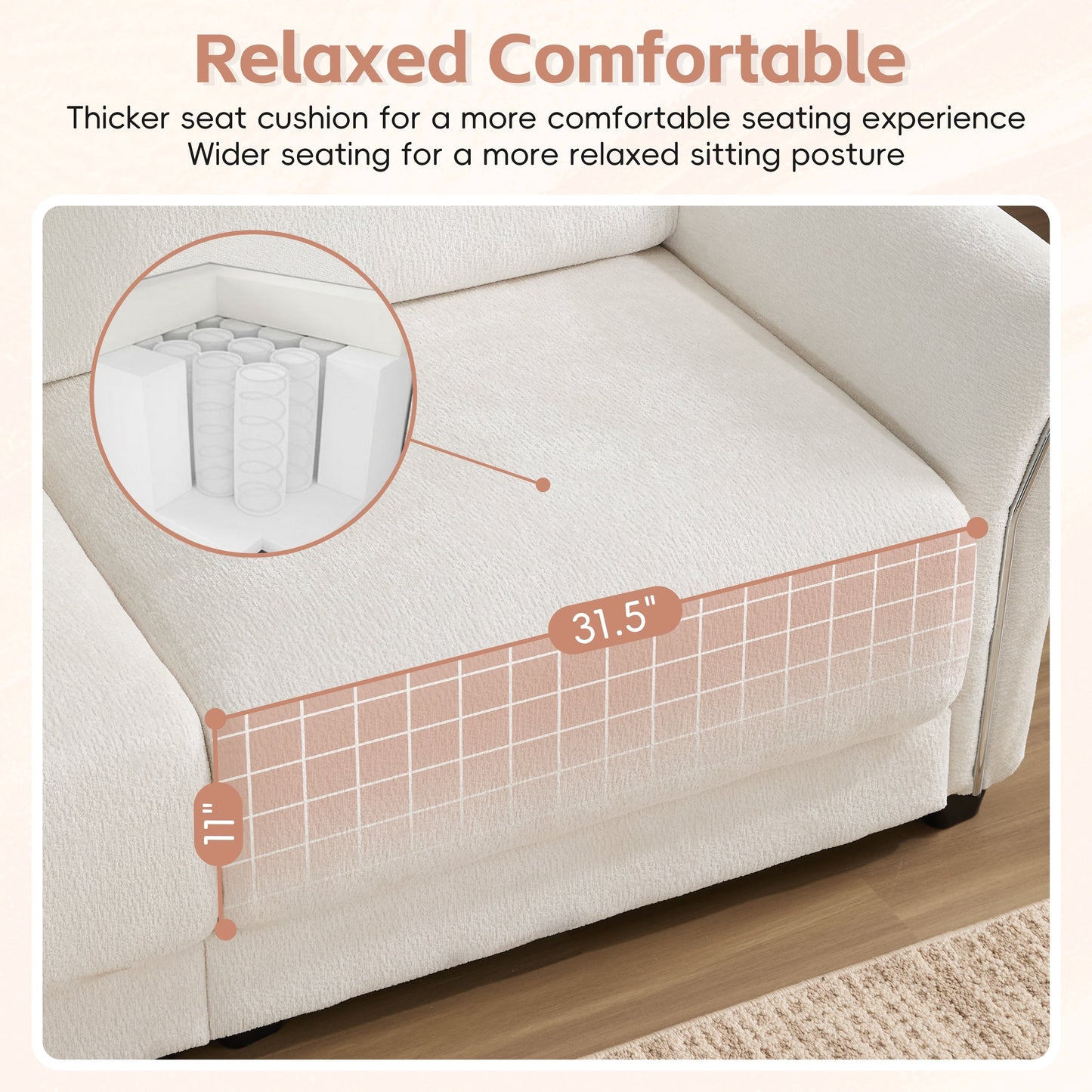 Canapé sectionnel en chenille de 110 pouces en forme de L avec chargement USB et Type-C, accoudoirs en pétales et pouf amovible pour le salon