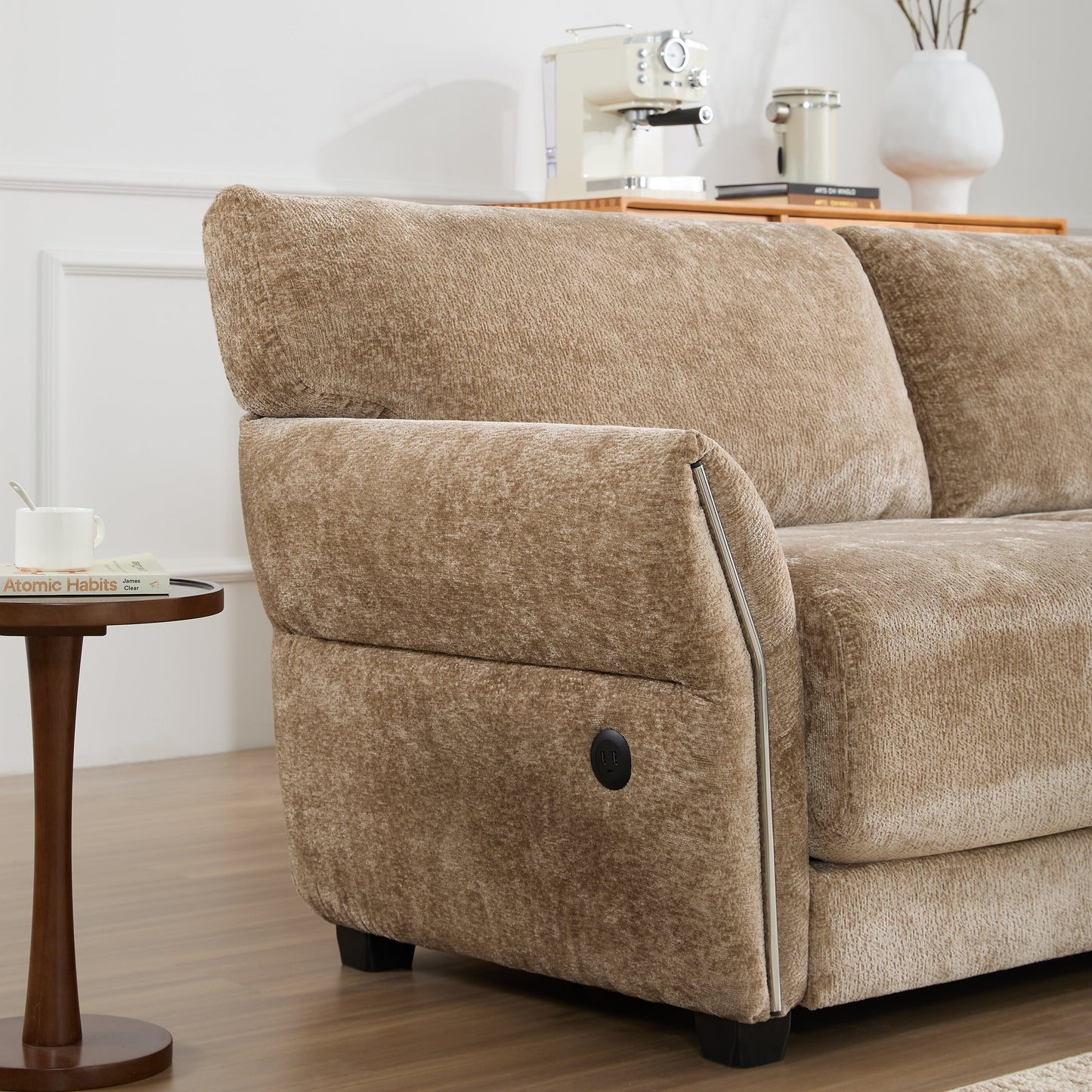 Canapé sectionnel en chenille de 110 pouces en forme de L avec chargement USB et Type-C, accoudoirs en pétales et pouf amovible pour le salon