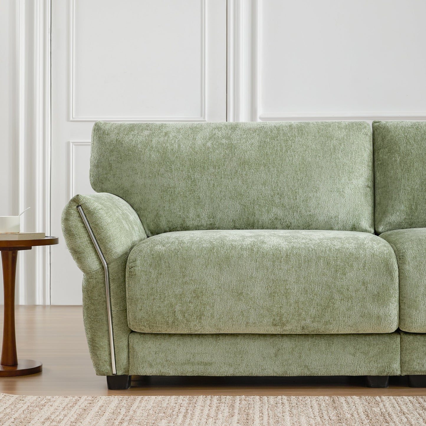 Canapé sectionnel en chenille de 110 pouces en forme de L avec chargement USB et Type-C, accoudoirs en pétales et pouf amovible pour le salon